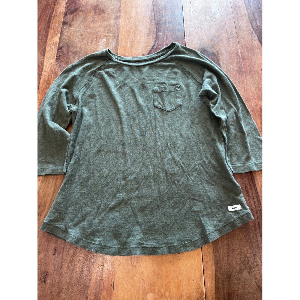 Roots pocket raglan top women size XS olive green hemp organic cotton 3/4 sleeve